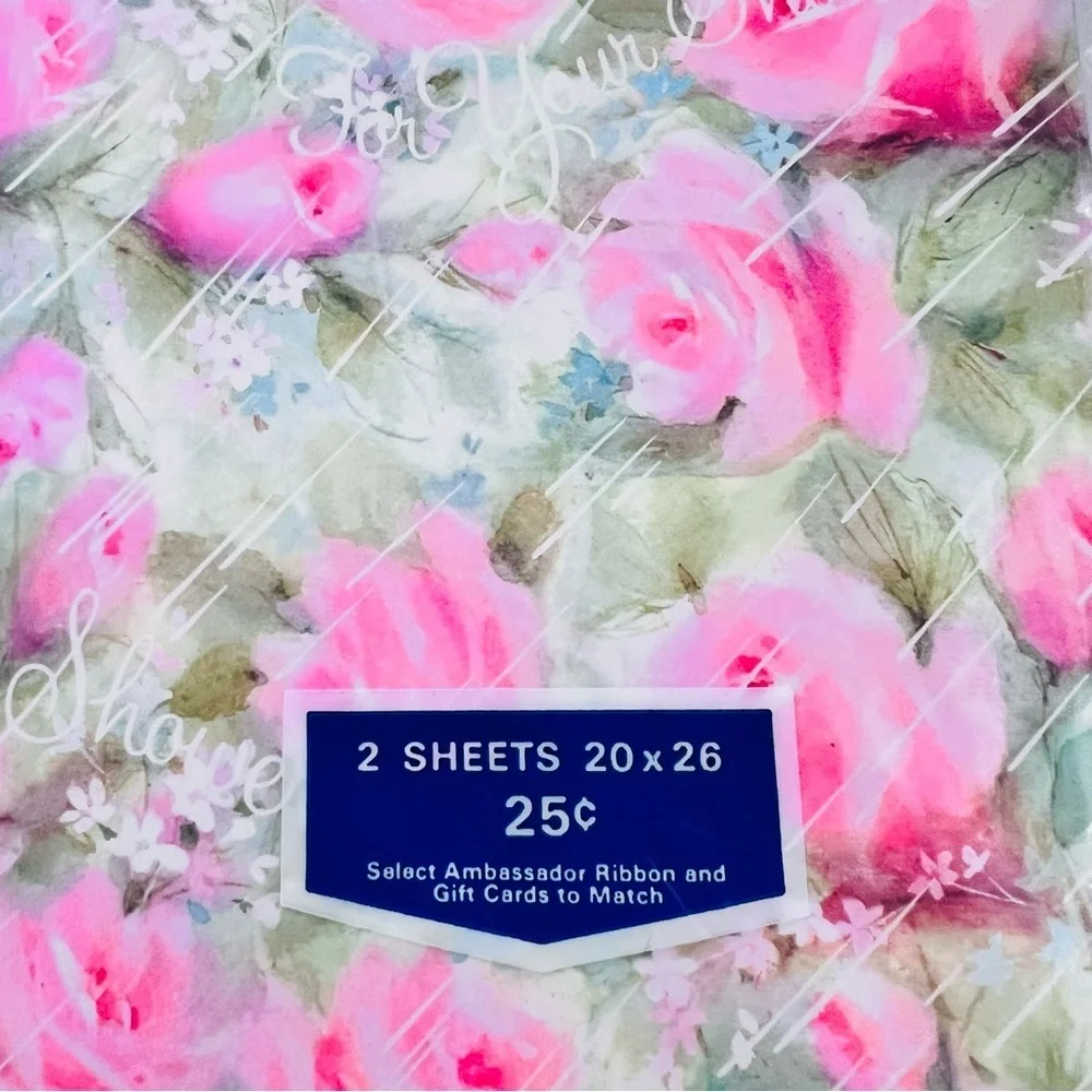 Vintage New Old Stock Hallmark Pink Floral For Your  Shower Gift Wrap Sheets